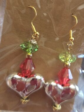 Red and Green Heart Drop Earrings - Gold Tone Hooks